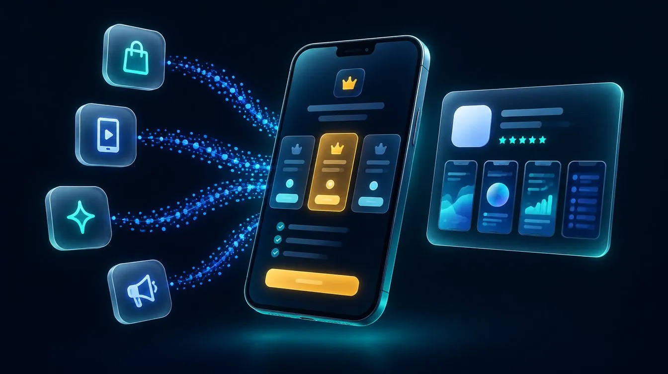 Concept visual: blue light streams from four glass source icons into a tilted phone showing a paywall with three plans, beside a store listing card
