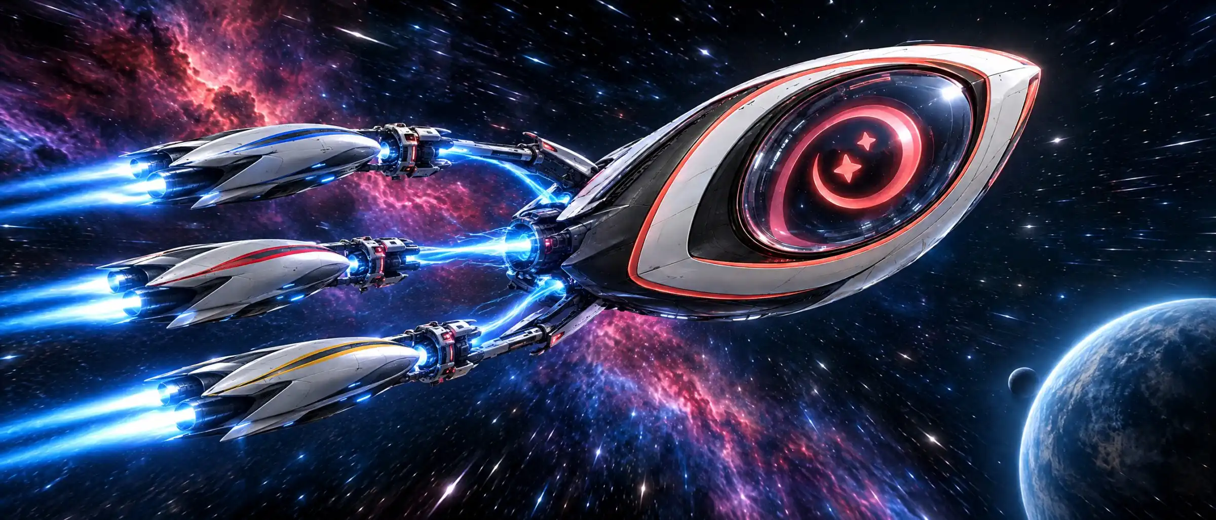Illustration: the OUNTERNET eye-ship powering three unbranded partner ships through docking beams
