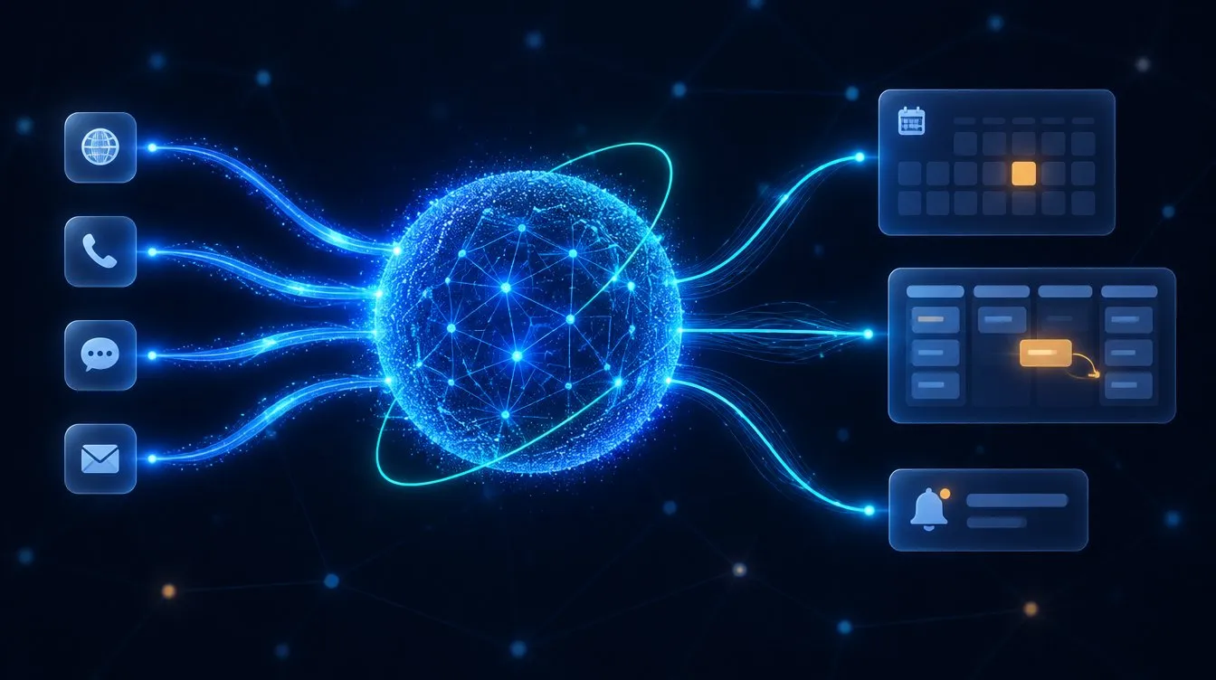 Concept visual: a glowing agent core linking web, phone, chat and email inputs to a calendar, a pipeline and a team alert