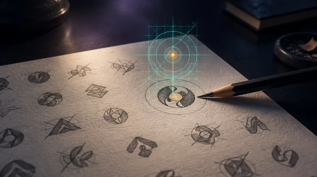 Concept visual: a pencil sketches logo ideas on warm paper while teal construction lines rebuild the chosen mark
