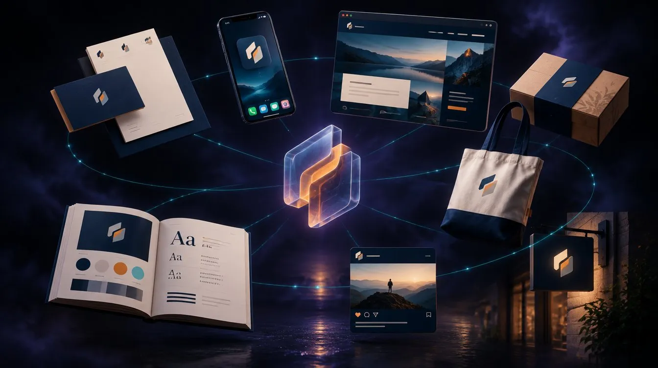 Concept visual: the sample mark in glass at the centre of business cards, packaging, a phone, signage and a guidelines book