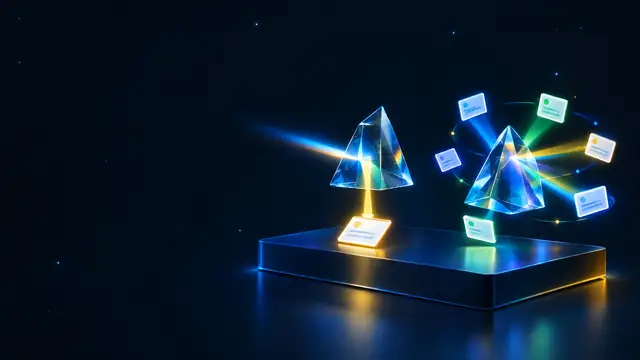 Two glass prisms, one focusing light into a single answer card, one scattering it into citation cards