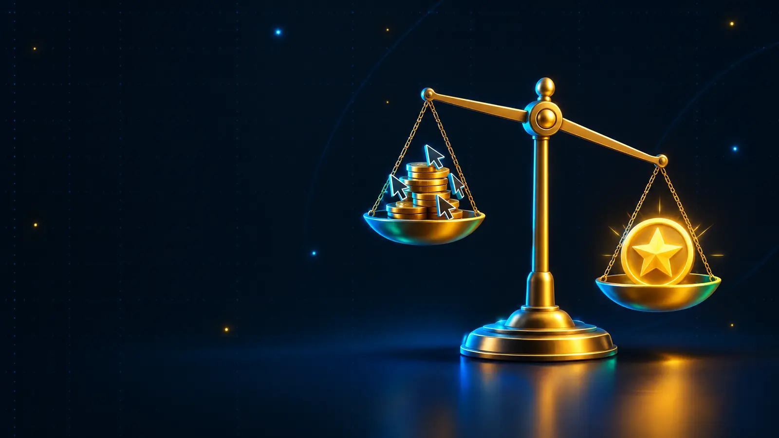 A golden balance scale with coins and cursor arrows on one side and a glowing star badge on the other