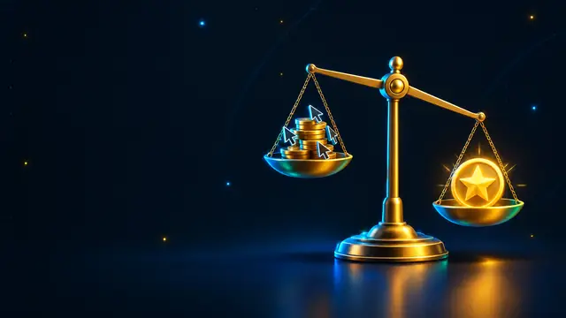 A golden balance scale with coins and cursor arrows on one side and a glowing star badge on the other
