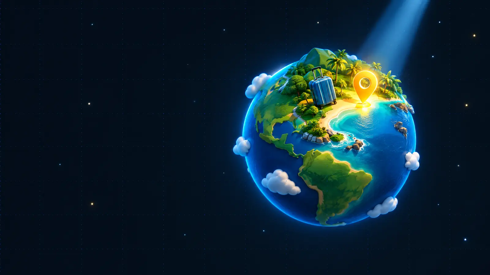 A small globe with a sunny coastline, a suitcase and a location pin lit by a search spotlight