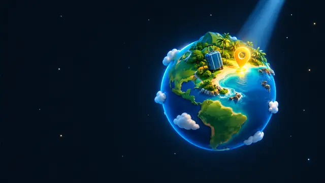 A small globe with a sunny coastline, a suitcase and a location pin lit by a search spotlight