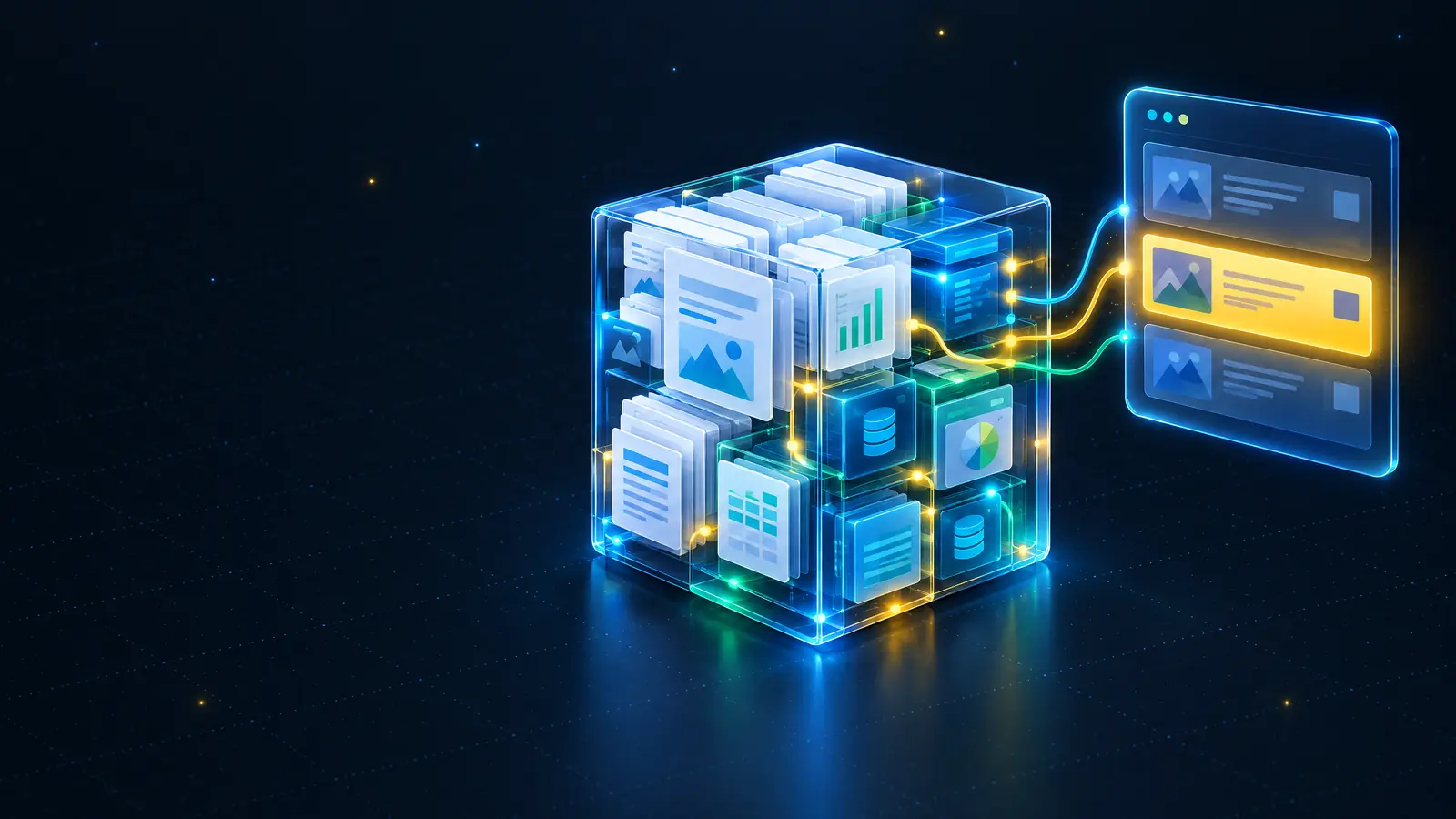 A glass cube of stacked documents and data blocks feeding glowing cables into a chat window where a sponsored card lights up