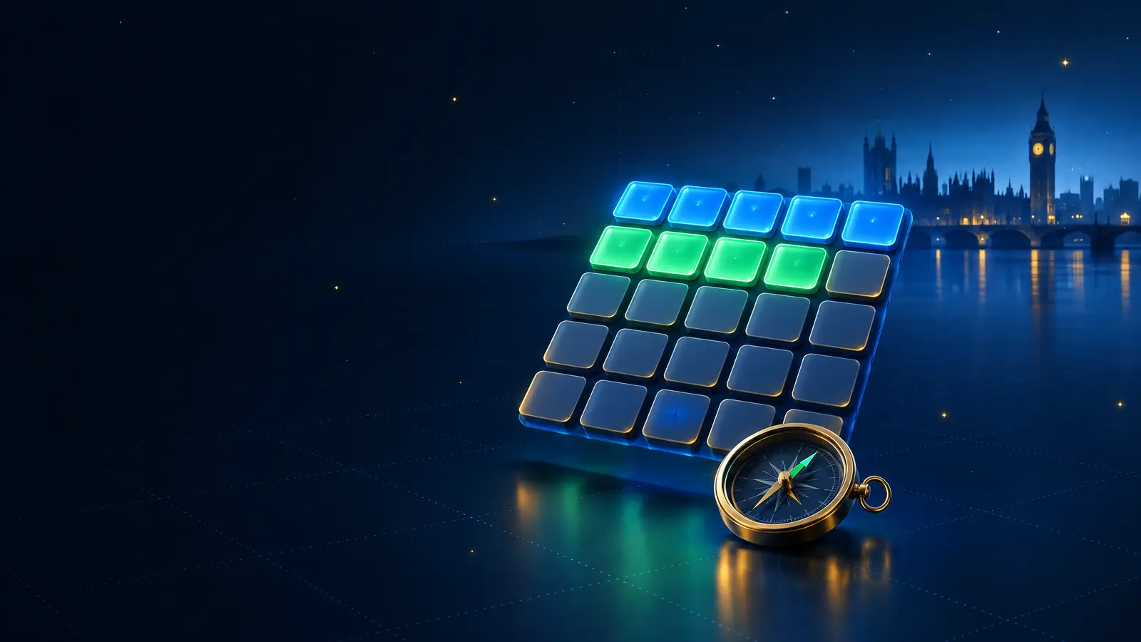 A floating calendar of thirty glowing tiles with a brass compass and the London skyline on the horizon