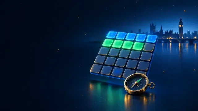 A floating calendar of thirty glowing tiles with a brass compass and the London skyline on the horizon