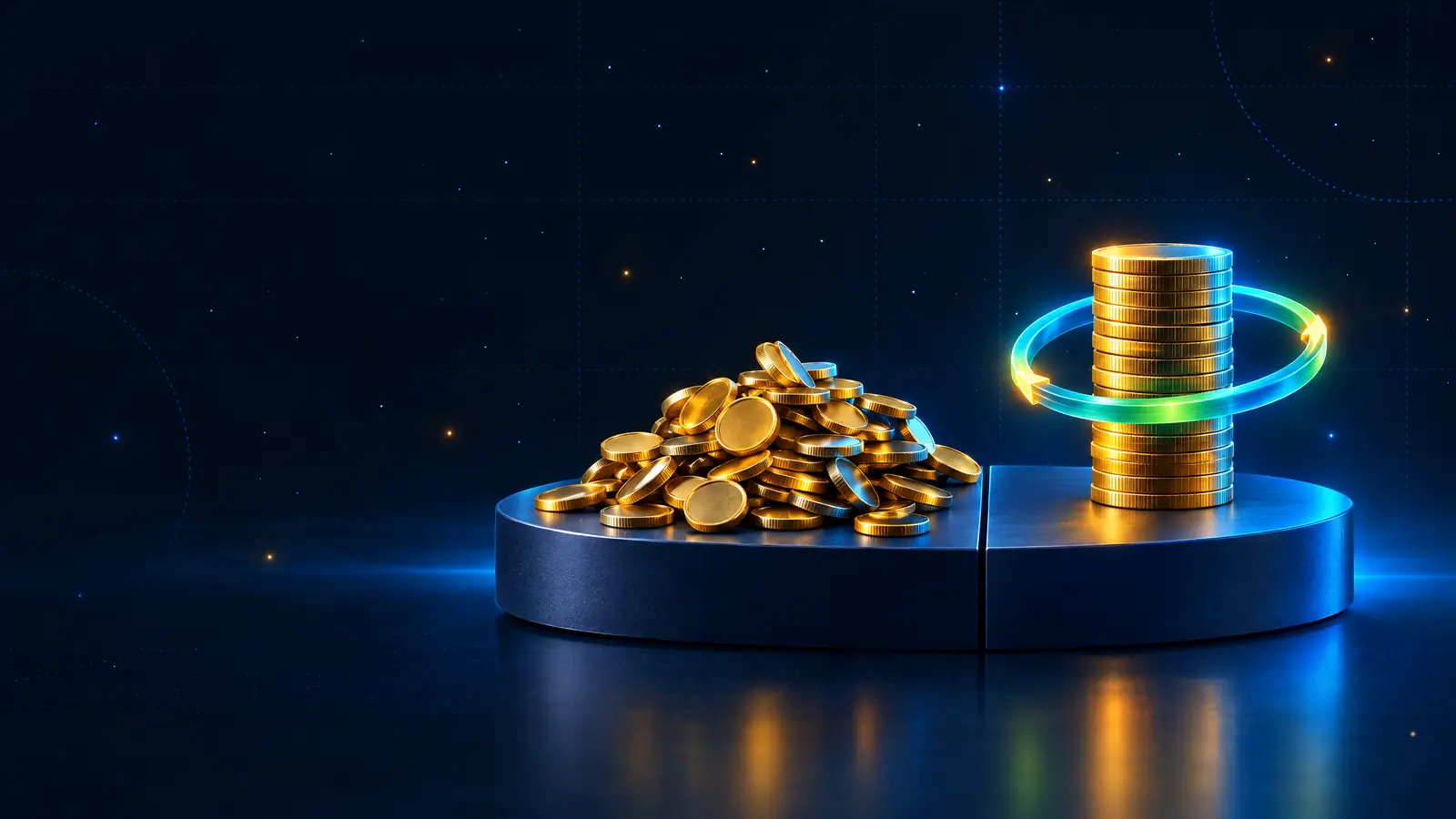 A loose pile of gold coins beside a neat coin tower wrapped in a glowing recurring ring