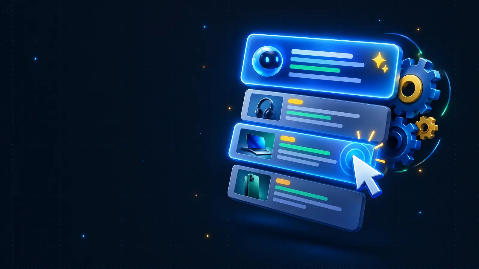 Floating search result panels with an AI answer panel on top, sponsored cards below and a cursor clicking one card