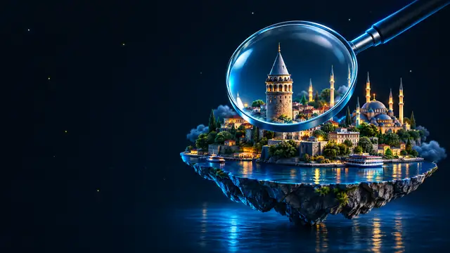 A miniature Istanbul skyline with the Galata Tower under a large magnifying lens