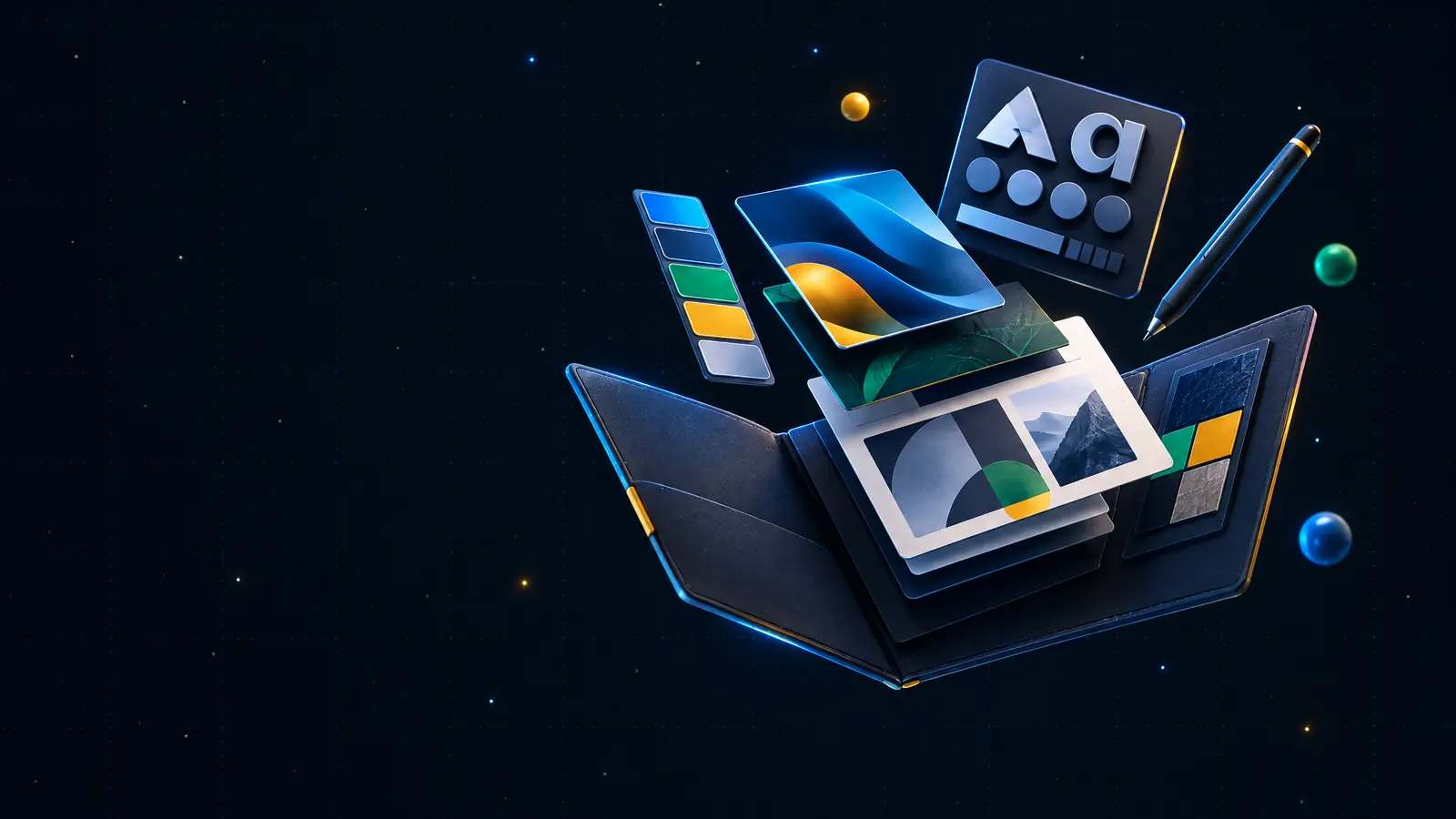 An open portfolio folder with floating design cards, colour swatches and a stylus
