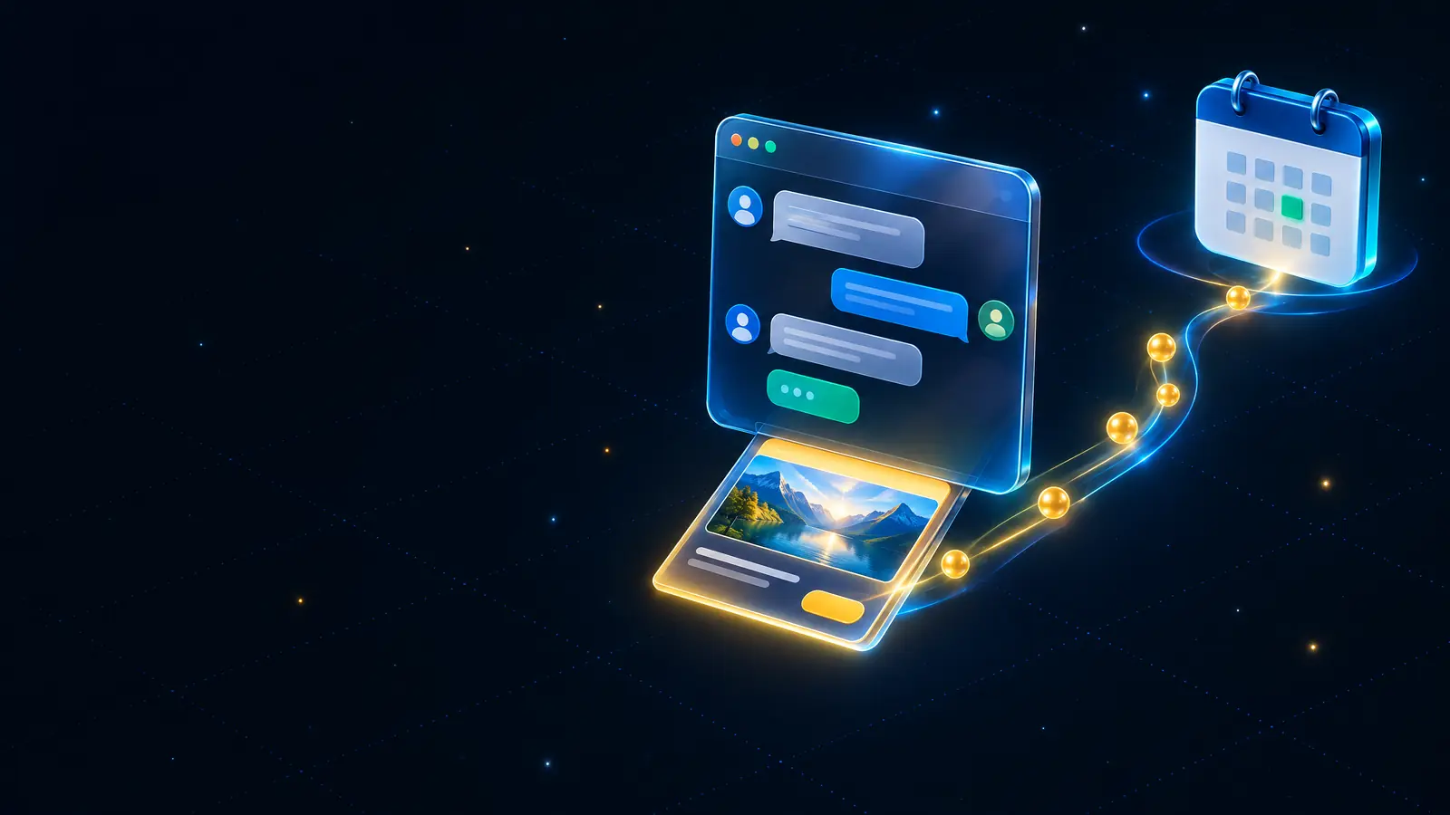 A glass chat window with a sponsored card sliding out and golden lead orbs travelling to a calendar