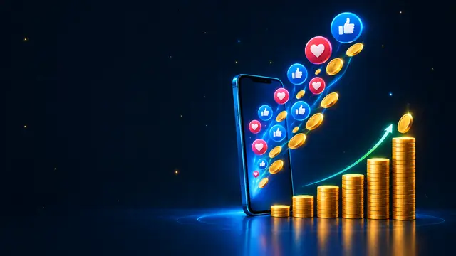A smartphone with like and heart icons turning into gold coins that form a rising bar chart