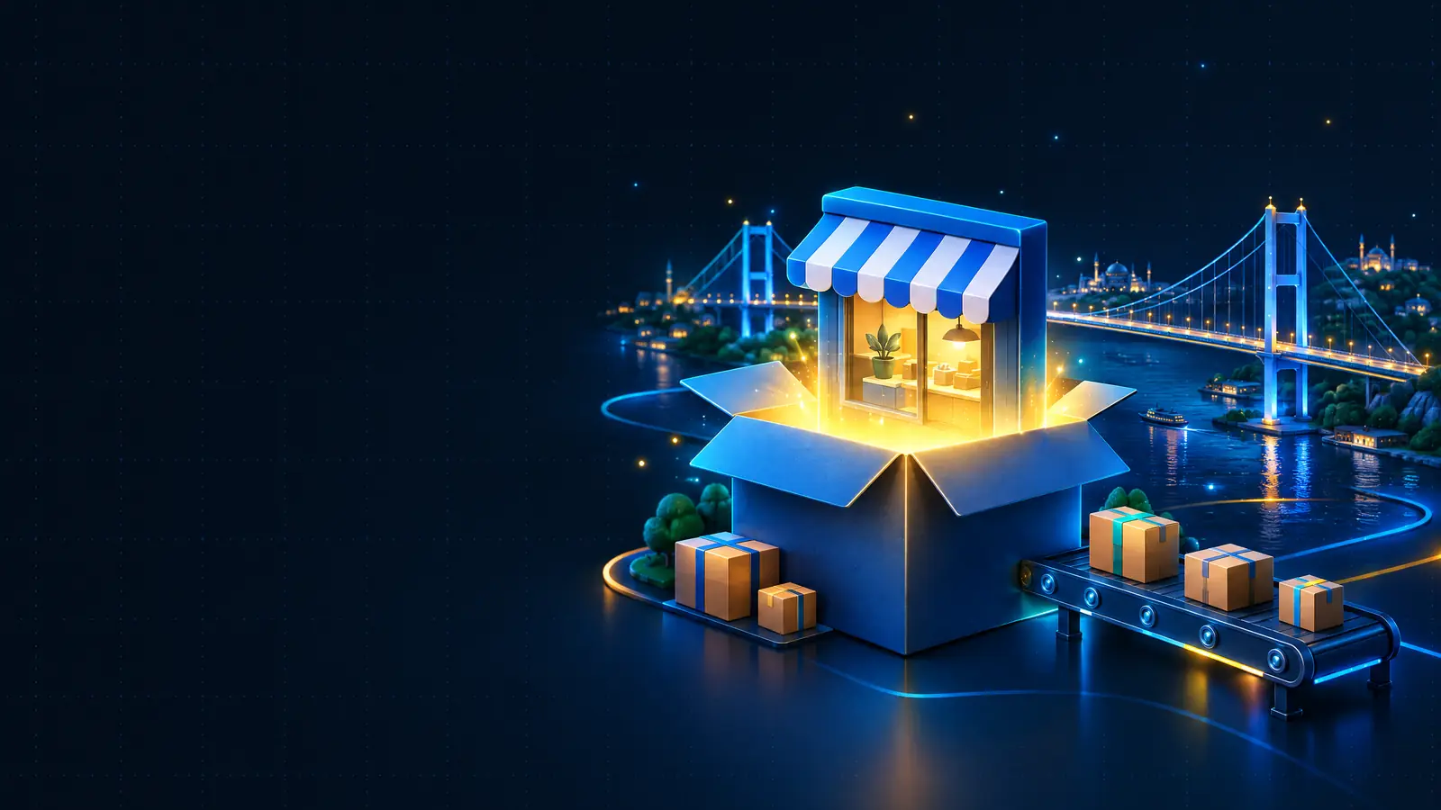 An open delivery box with a storefront awning rising out of it and a Bosphorus bridge behind