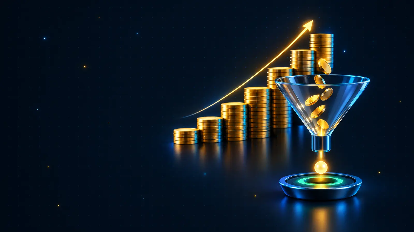 Stacks of gold coins climbing like stairs with a glass funnel dropping one bright orb into a target