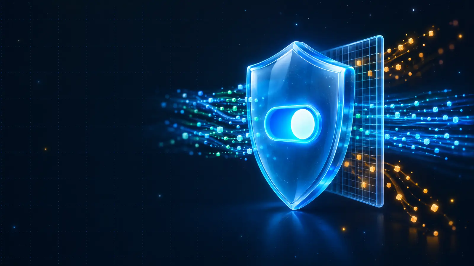 A blue shield with a glowing toggle switch filtering streams of data particles