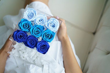 Hands holding an acrylic box of blue roses, seen from above