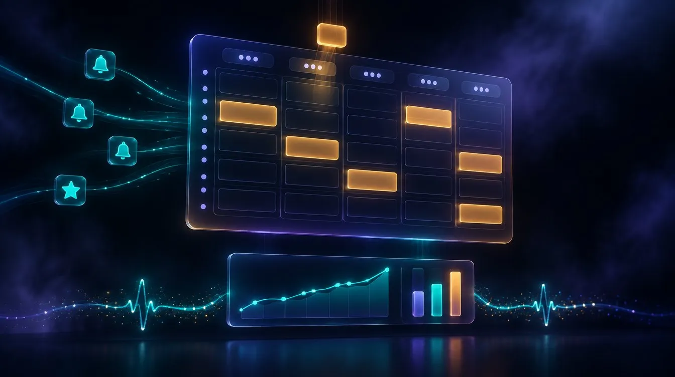 Concept visual: reminder and review icons feed a glass week diary filled with amber appointments, above a dashboard with a rising line