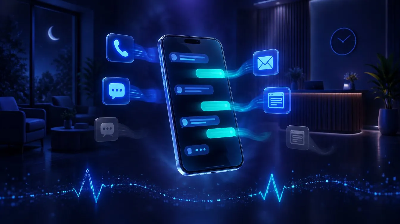 Concept visual: a glass smartphone answering calls, messages and web forms with teal reply bubbles, above a glowing heartbeat line