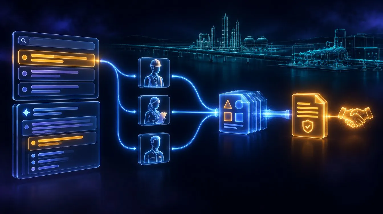 Concept visual: glass search and AI answer panels send blue paths to engineer and buyer tiles, which flow into a pipeline that ends in a sealed amber RFQ document