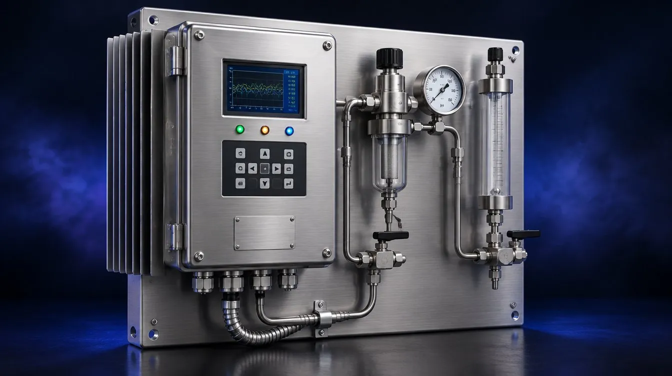 Concept visual: a brushed steel field analyser system on a backplate, with a display, keypad, cable glands, a regulator, a pressure gauge, a filter bowl and a rotameter linked by stainless tubing