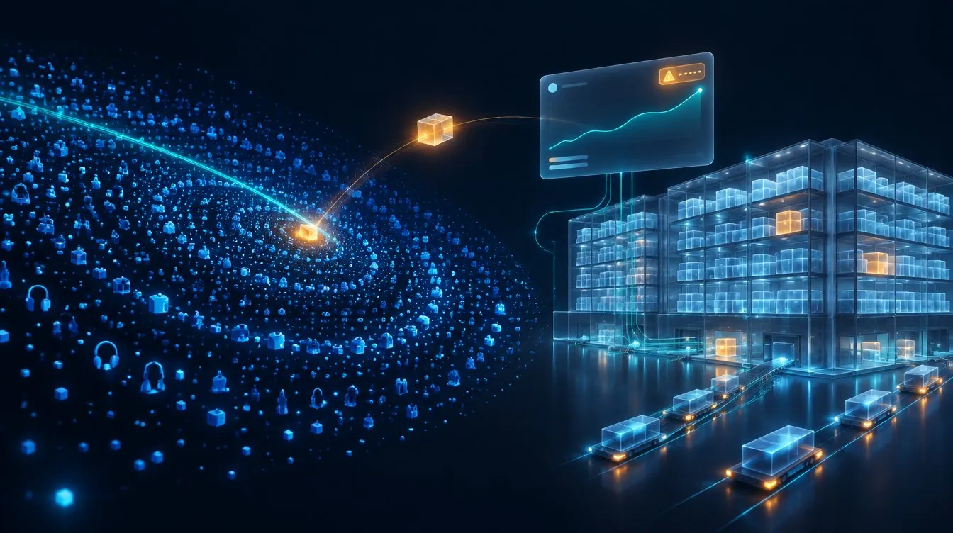 Concept visual: a galaxy of blue product dots with one glowing amber box lifted out on a teal beam, flying towards a glass warehouse with a rising forecast chart and shipment tiles on a lane