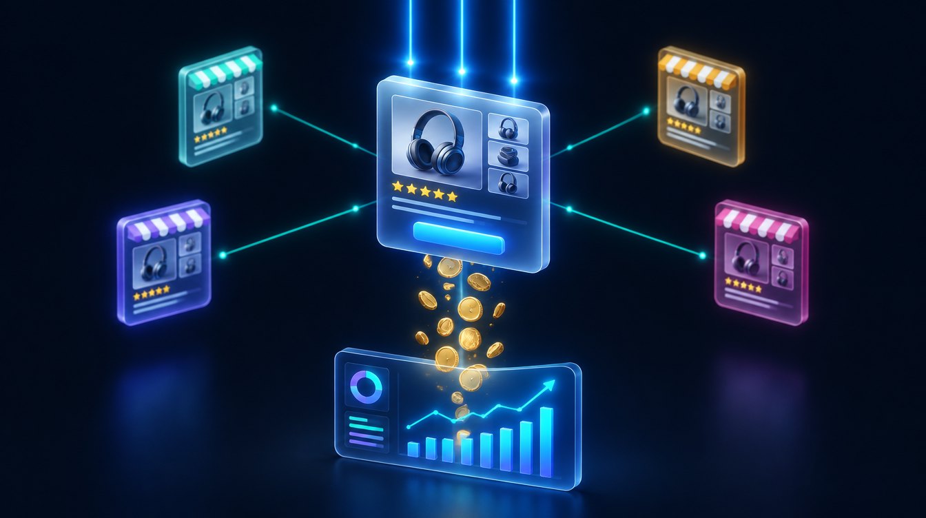 Concept visual: blue ad beams light a glass product listing, gold coins fall into a tracking dashboard, and four glass storefronts connect to it with teal lines