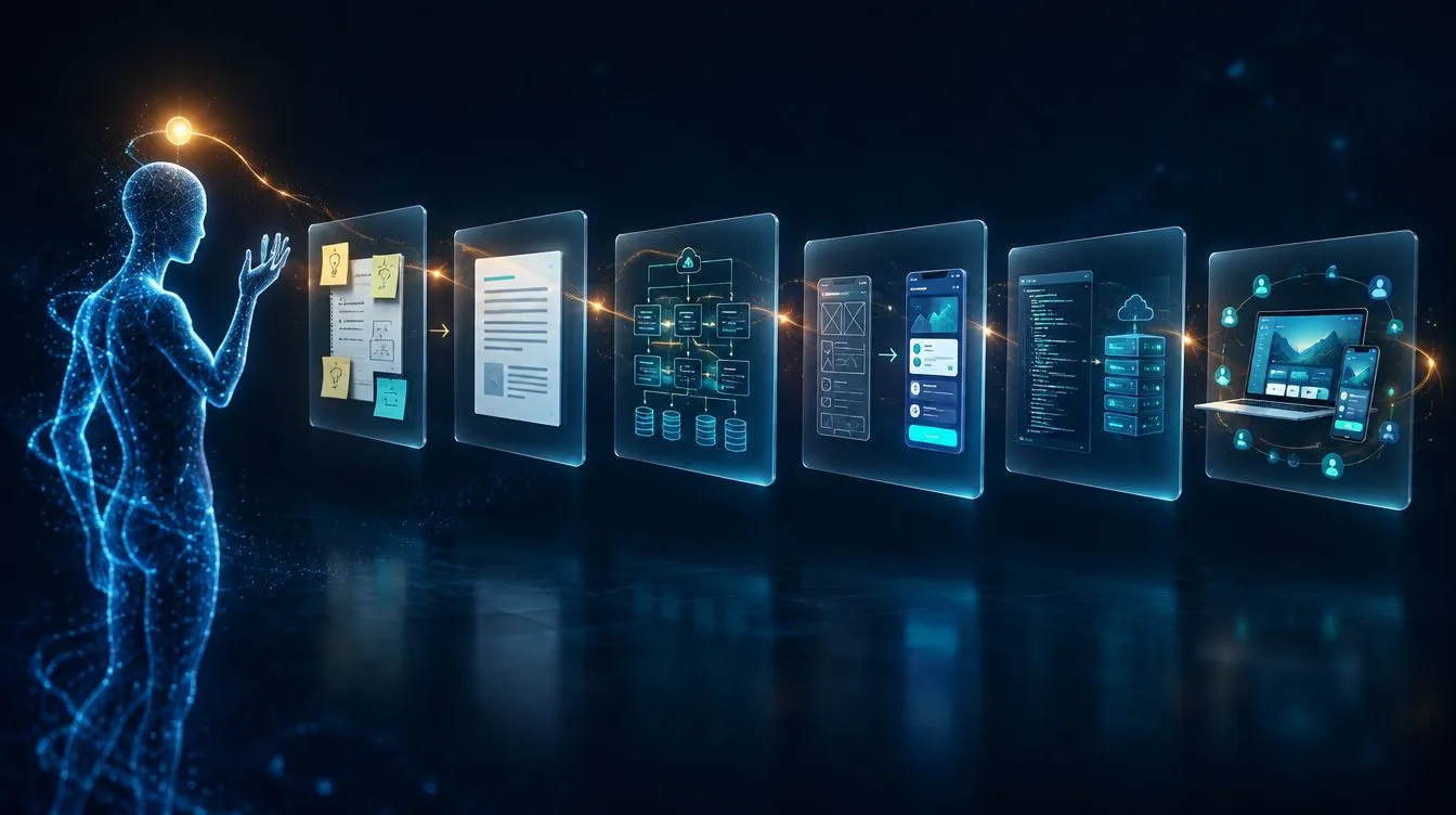 Concept visual: a figure made of light beside a row of glass panels, from sticky notes to a live product
