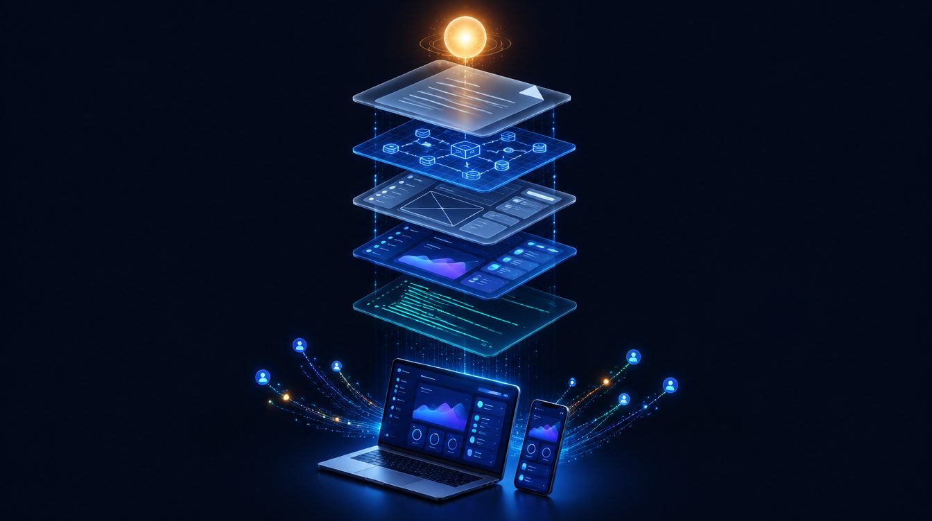 Concept visual: the stages stacked above a laptop and a phone, with users arriving