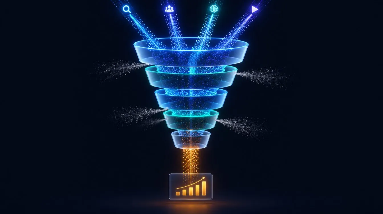 Concept visual: light pours from four sources into a glass funnel of five rings, leaking grey dust at each ring