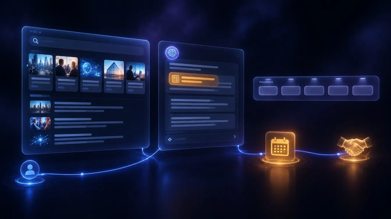 Concept visual: news coverage leads to a buyer booking a call