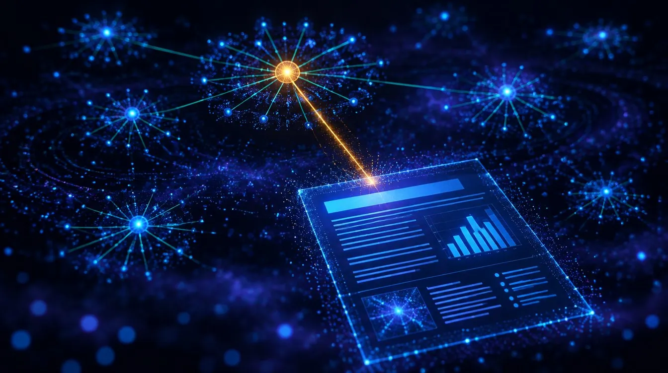 Concept visual: a galaxy of keyword dots gathers into a topic cluster that builds a glass article page