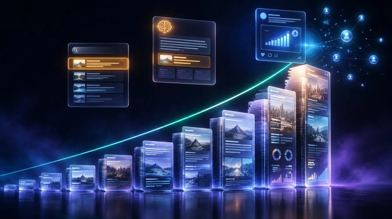 Concept visual: article pages stack into a rising glass city with a teal growth curve behind it