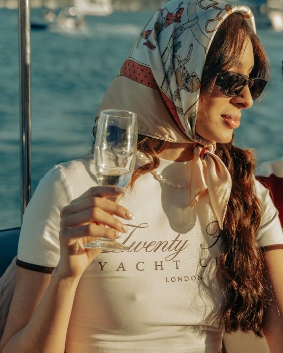 Detail of the Yacht Club crop top and silk headscarf